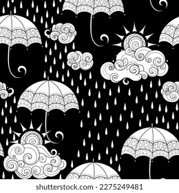 El Fairytale El Clima Prevé Un Patrón Sin Maravillas. Textura sin fin con Día Lluvioso, Nubes y paraguas. Diseño de caricaturas fantásticas en negro. Ilustración del contorno vectorial. Página Libro de Coloración