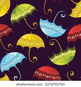 Fairytale Weather Forecast Seamless Pattern. Endless Texture with Dreaming Umbrellas. Fantasy Cartoon Design on Dark Background. Vector Contour Illustration. Abstract Art