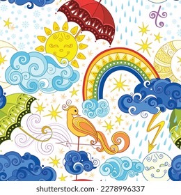 Fairytale Weather Forecast Seamless Pattern. Endless Texture with Sun, Moon, Rainbow, Clouds, Umbrellas etc. Fantasy Cartoon Design on White Background. Vector Contour Illustration. Abstract Art