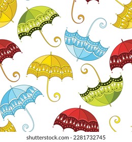 Fairytale Weather Forecast Seamless Pattern. Endless Texture with Dreaming Umbrellas. Fantasy Cartoon Design on White Background. Vector Contour Illustration. Abstract Art