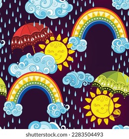 Fairytale Weather Forecast Seamless Pattern. Endless Texture with Rainy Day, Smiling Suns, and Rainbows. Fantasy Cartoon Design on Dark Background. Vector Contour Illustration. Abstract Art