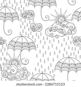 Fairytale Weather Forecast Seamless Pattern. Endless Texture with Rainy Day, Clouds and Umbrellas. Fantasy Cartoon Design. Vector Contour Illustration. Coloring Book Page