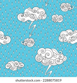 Fairytale Weather Forecast Seamless Pattern. Endless Texture with Thunderstorm. Noncolored Fantasy Cartoon Design on Turquoise Blue Background. Vector Contour Illustration Abstract Art