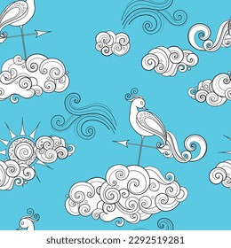 Fairytale Weather Forecast Seamless Pattern. Endless Texture with Romantic Weathercocks. Noncolored Fantasy Cartoon Design on Turquoise Blue Background. Vector Contour Illustration