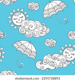 Fairytale Weather Forecast Seamless Pattern. Endless Texture with Cloudly Summer Day and Umbrellas. Noncolored Fantasy Cartoon Design on Turquoise Blue Background. Vector Contour Illustration 