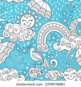 Fairytale Weather Forecast Seamless Pattern. Endless Texture with Sun, Moon, Rainbow, Clouds, Umbrellas etc. Noncolored Fantasy Cartoon Design on Turquoise Blue Background. Vector Contour Illustration