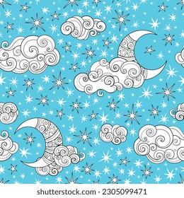 Fairytale Weather Forecast Seamless Pattern. Endless Texture with Starlight Sky. Noncolored Fantasy Cartoon Design on Turquoise Blue Background. Vector Contour Illustration 