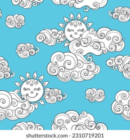 Fairytale Weather Forecast Seamless Pattern. Endless Texture with Cloudy Day. Noncolored Fantasy Cartoon Design on Turquoise Blue Background. Vector Contour Illustration Abstract Art