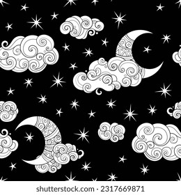 Fairytale Weather Forecast Seamless Pattern. Endless Texture with Starlight Sky. Fantasy Cartoon Design on Black. Vector Contour Illustration. Coloring Book Page