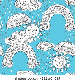 Fairytale Weather Forecast Seamless Pattern. Endless Texture with Rainy Day, Smiling Suns, and Rainbows. Noncolored Fantasy Cartoon Design on Turquoise Blue Background. Vector Contour Illustration 