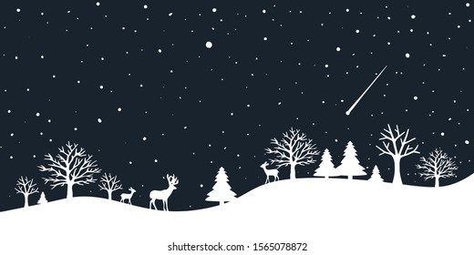 A fairytale winter landscape. Border smooth. Christmas background. There is a fantastic silhouette of white trees and deer with a dark blue background. Vector illustration