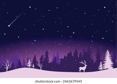 A fairytale winter landscape. Christmas background. There is a fantastic silhouette of white trees and deer with a dark background. Vector illustration	