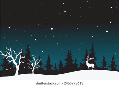 Un paisaje de invierno de cuento de hadas. Navidades de fondo. Hay una silueta fantástica de árboles blancos y ciervos con un fondo oscuro. Ilustración vectorial