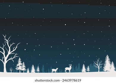 A fairytale winter landscape. Christmas background. There is a fantastic silhouette of white trees and deer with a dark background. Vector illustration