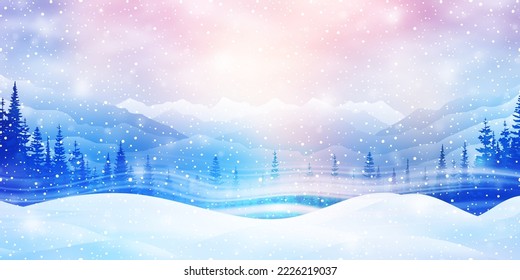 Fairytale winter landscape  snow  capped mountains  blizzard   snowfall  holiday vector illustration