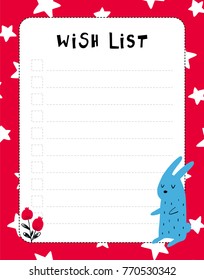 Fairytale wish list template. Note paper with rabbit. Perfect for kids. Organizer and Schedule with stars and berry.
