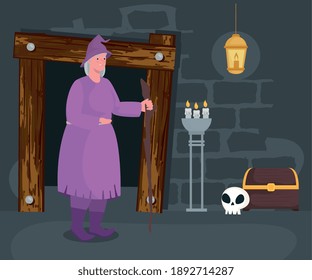 Fairytale witch cartoon at room design, Fantasy magic and medieval theme Vector illustration