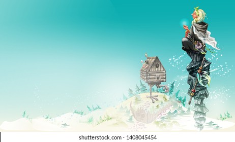 fairytale woman is meditating on the top of a mountain against the background of a meadow with pine trees next to a magical house, trees. View from above