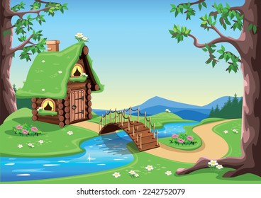 Fairytale wooden house with a green grassy roof in the forest near the river. Path and wooden bridge across the river. Forest house. Dreamland. Vector illustration.