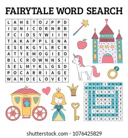 Fairytale word search game for kids. Vector illustration for learning English
