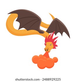 Fairytale yellow dragon with brown wings and fire from mouth vector illustration