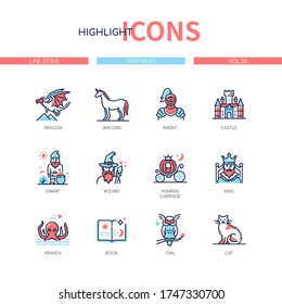 Fairytales concept - line design style icons set. Fiction characters, fantasy and literature idea. Dragon, unicorn, knight, castle, dwarf, wizard, pumpkin carriage, king, kraken, book, owl, cat