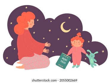 Fairy-tales. Reading book. Bedtime stories. Mother with child holding book at the night. 