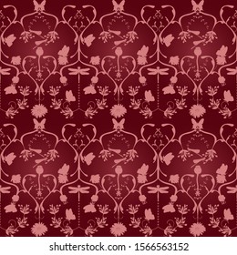 Fairytalish Damask Seamless pattern with  butterflies, dragonflies, flowers, plants, swirls in blush pink color on bourdeaux background. Can be used for  fabrics, wallpapers, wripping and decoration.