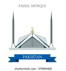 Faisal Mosque in Islamabad Pakistan. Flat cartoon style historic sight showplace attraction web site vector illustration. World countries cities vacation travel sightseeing Asia collection.