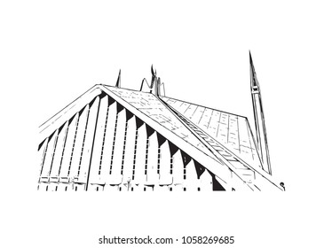 Faisal Mosque in Islamabad, Pakistan. template design for Ramadan Kareem and Eid Mubarak. Hand drawn sketch illustration in vector.