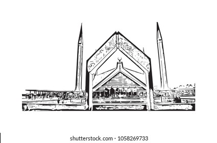 Faisal Mosque in Islamabad, Pakistan. template design for Ramadan Kareem and Eid Mubarak. Hand drawn sketch illustration in vector.