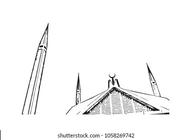 Faisal Mosque in Islamabad, Pakistan. template design for Ramadan Kareem and Eid Mubarak. Hand drawn sketch illustration in vector.