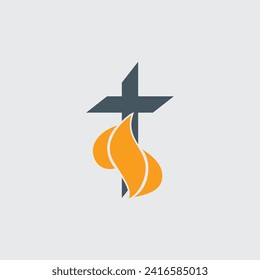 Logo de la religión cristiana religiosa con cruz y llama. Espíritu Santo pentecostal. Ilustración vectorial de material aislada en fondo blanco.