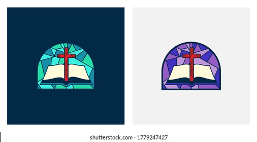 Faith church logo. Stained glass with book and cross modern vector logotype