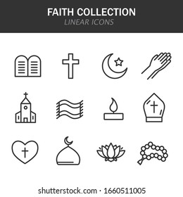 Faith collection linear icons in black on a white background