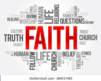 Faith - complete trust or confidence in someone or something, word cloud concept background