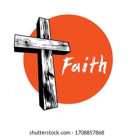 Faith concept with old wooden Christian cross vector metaphor illustration isolated on white, belief and hope, religion salvation theme.