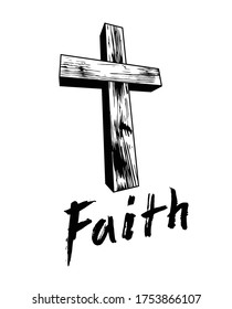 Faith concept with old wooden Christian cross vector metaphor illustration isolated on white, belief and hope, religion salvation theme.