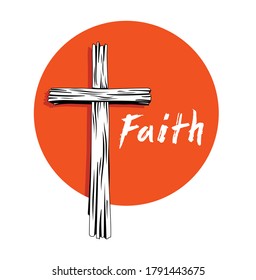 Faith concept with old wooden Christian cross vector metaphor illustration isolated on white, belief and hope, religion salvation theme.