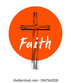 Faith concept with old wooden Christian cross vector metaphor illustration isolated on white, belief and hope, religion salvation theme.