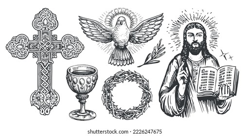 Faith in God concept sketch. Worship, church, religious symbols in vintage engraving style. Vector illustration