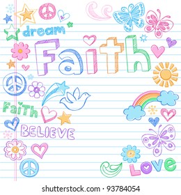 Faith Hand Drawn Back to School Style Sketchy Notebook Doodles Vector Illustration Design Elements on Lined Sketchbook Paper Background