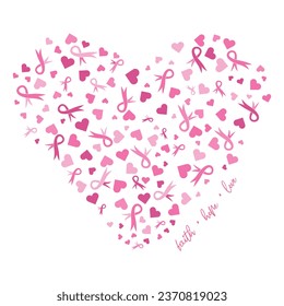 Faith Hope Love Creative Heartr with love icon and Pink Ribbon typography vector design,This can be printed on a T-shirt, mug, hoodie, and so on