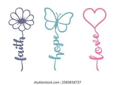 Faith Hope Love, Inspirational and Motivational Slogan Quotes With Flower butterfly and heart, T shirt Designs Graphic Vector, Laser Cut Files