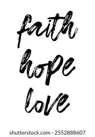 Faith hope love letter Cursive Calligraphy Typography Black text letters isolated on white background ideal for shirts and posters. Grunge style