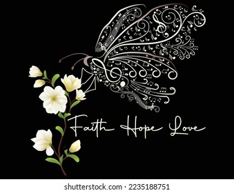 Faith Hope Love T-Shirt Design with Music Butterfly. motivational t-shirt Design Graphic Vector