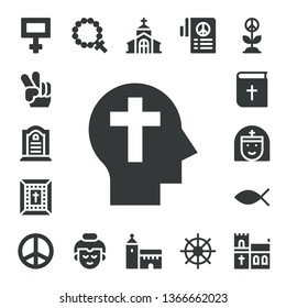 faith icon set. 17 filled faith icons.  Collection Of - Peace, Tombstone, Faith, Bible, Nun, Christianity, Rosary, Buddha, Church, Buddhism