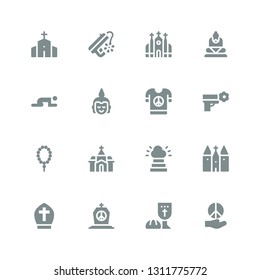 faith icon set. Collection of 16 filled faith icons included Peace, Last supper, Tombstone, Pope, Church, Heaven, Prayer, Buddha, Chapel