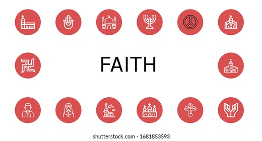 faith icon set. Collection of Monastery, Semitic neopaganism, Mosque, Menorah, Peace, Church, Priest, Nun, Orthodox cross, Prayer, Swastika icons