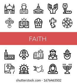 faith icon set. Collection of Mosque, Orthodox cross, Pastor, Bible, Church, Pope, Prayer, Communion, Taoism, Monastery, Dove, Jesus, Nun, Semitic neopaganism, Menorah icons